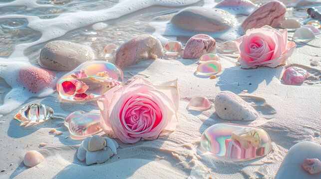 Pink rose rests on rocks by waters edge on beach - Powered by Adobe