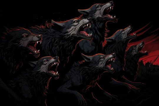 Illustration of a Howling Pack of Fenris Wolfes on a Black Background