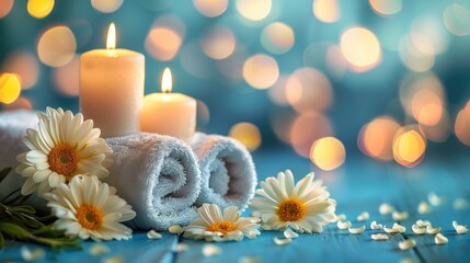 Composition with towels, flowers and candles with bokeh and copy space