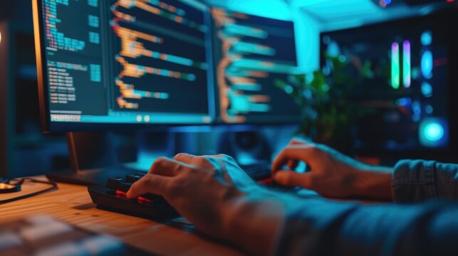 Close-up of a programmer's hands typing on a backlit keyboard, with lines of code displayed across multiple computer screens. AIG41