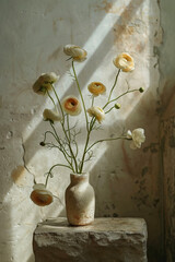 Ranunculus flowers in a stone vase, generative ai