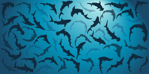 Sea shark silhouettes collection on blue background. Vector illustration.