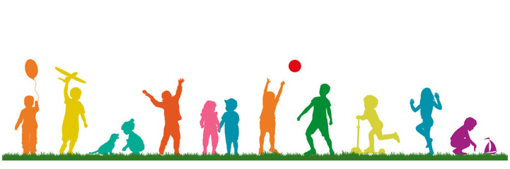 Children and pets colorful silhouettes on white background. Little girls and boys playing outdoor. Vector illustration.	
