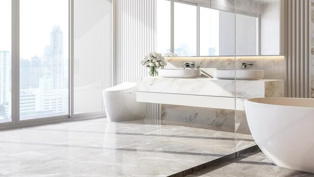 Animation of modern style luxury white bathroom with marble stone 3d render large window with city view sunlight shine into the room