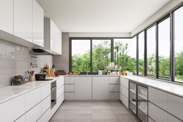 Minimal style modern white kitchen interior 3d render, There are granite tile floor , white glossy counter cabinet with white marble top ,large window overlooking nature view