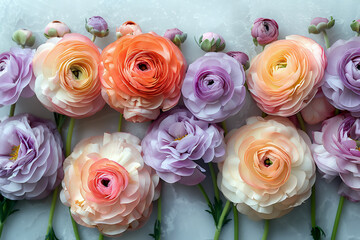 Beautiful ranunculus flowers of pastel colors, spring background, generative ai