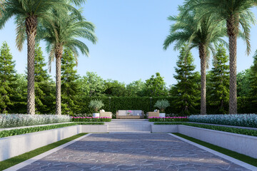 Empty stone plaza for copy space with steps to terrace and nature view background 3d render, garden decorated with palm trees and pine trees.