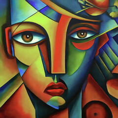 Multicolored abstract human face of quantum mechanics in modern cubist fashion