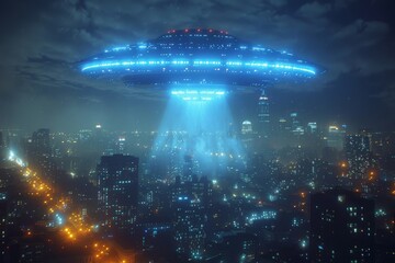 A large, glowing unidentified flying object hovers above a cityscape at nighttime, illuminating the buildings below with its bright lights