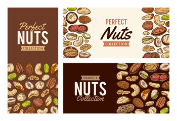 Mixed nuts colorful banner templates, backgrounds with nuts, hand-drawn food illustrations and icons