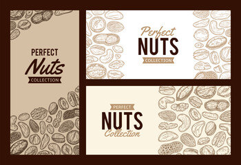 Mixed nuts banner templates, backgrounds with nuts, hand-drawn food illustrations and icons