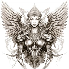 Black and White Illustration of a Valkyrie on a White Background