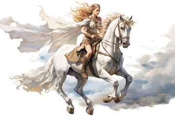 Illustration of a Valkyrie on a Horse on a White Background