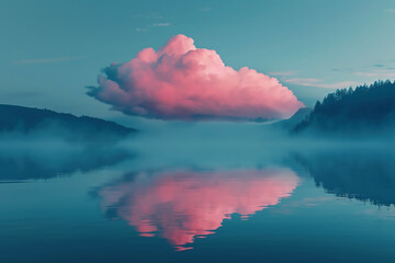 Pink cloud reflecting in a calm lake, abstract background, generative ai