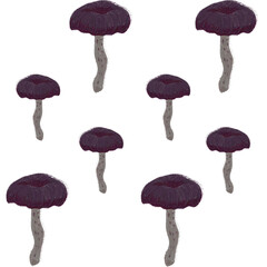 Seamless floral forest transparent pattern with mushrooms. Children's stylized pencil illustration for textile and paper design.