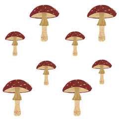 Seamless floral forest transparent pattern with mushrooms. Children's stylized pencil illustration for textile and paper design.