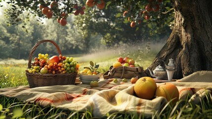 A relaxed summer picnic party in a shady forest, with a large picnic mat on the earth and an...
