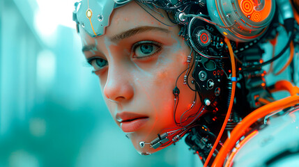 Futuristic sovereign AI visualization. Glimpse into the governance of tomorrow's artificial intelligence. Future of AI governance. Beautiful female android.  - obrazy, fototapety, plakaty