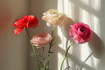 Ranunculus flowers in natural sunlight, spring background, generative ai