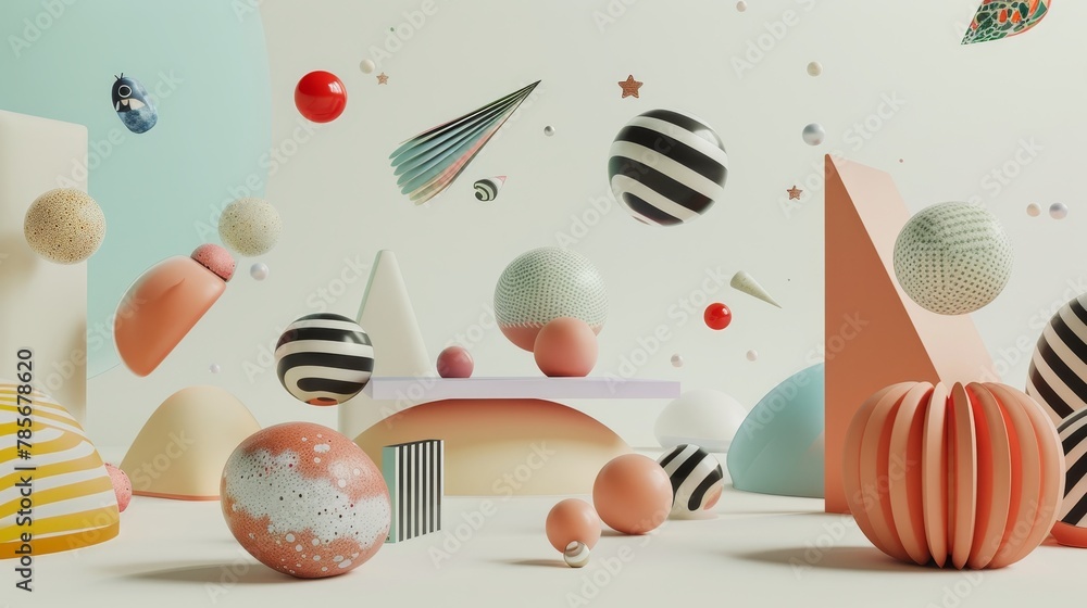 Poster Minimalist 3d render of isolated flying objects in a Memphis style   AI generated illustration