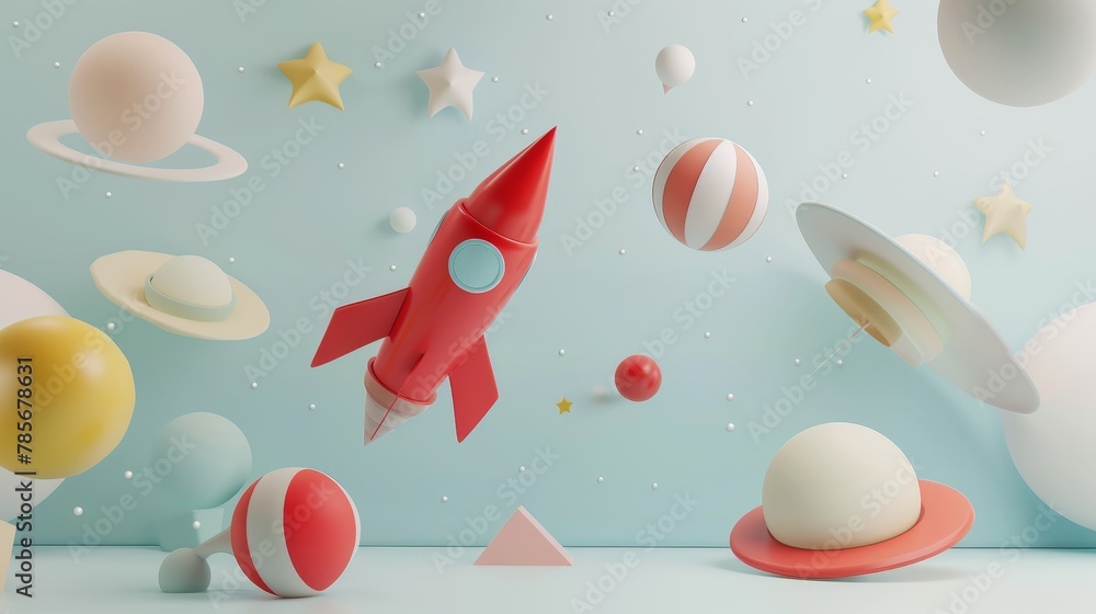 Poster Minimalist 3d render of isolated flying objects in a Memphis style   AI generated illustration