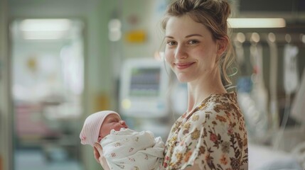 Experienced midwife holds newborn, warm hospital setting with blurred medical equipment, highlighting professional childbirth care. international midwives' day