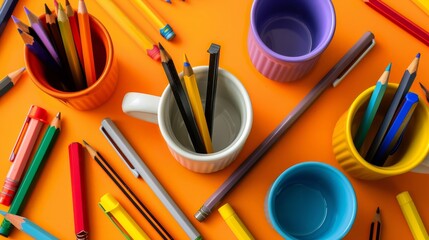 Mugs of pens and pencils scattered around   AI generated illustration - obrazy, fototapety, plakaty