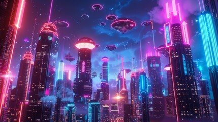 Neon-colored flying objects in a futuristic cityscape with glowing skyscrapers   AI generated illustration