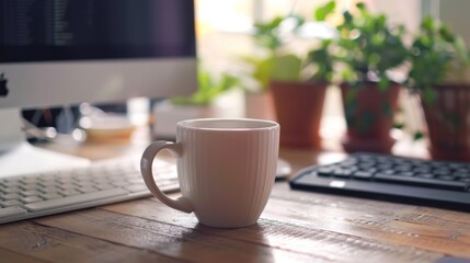 Office desk with computer and coffee mug  AI generated illustration - obrazy, fototapety, plakaty