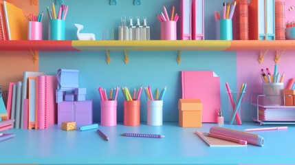 Office supplies suspended in a 3d environment   AI generated illustration