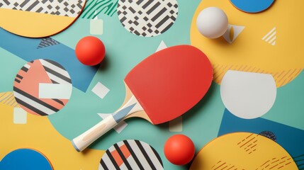 Ping pong paddles and balls in a retro Memphis-inspired pattern   AI generated illustration