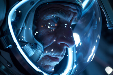 Astronaut gazing intently through helmet visor. Generative AI image