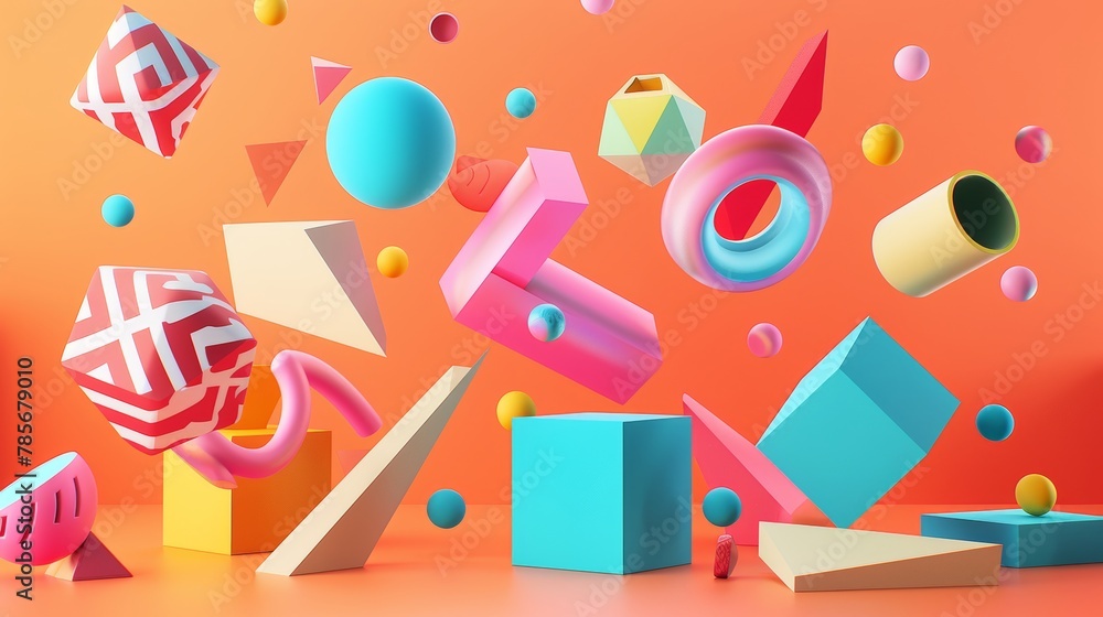 Poster playful and colorful 3d render of levitating shapes in a retro theme ai generated illustration