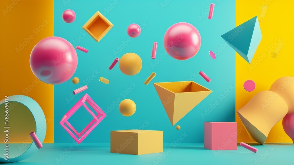 Poster playful and colorful 3d render of levitating shapes in a retro theme ai generated illustration
