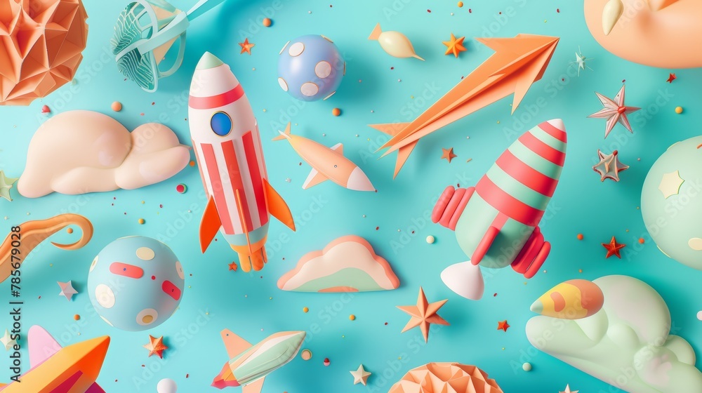 Poster playful and vibrant flying objects rendered in a unique 3d style ai generated illustration
