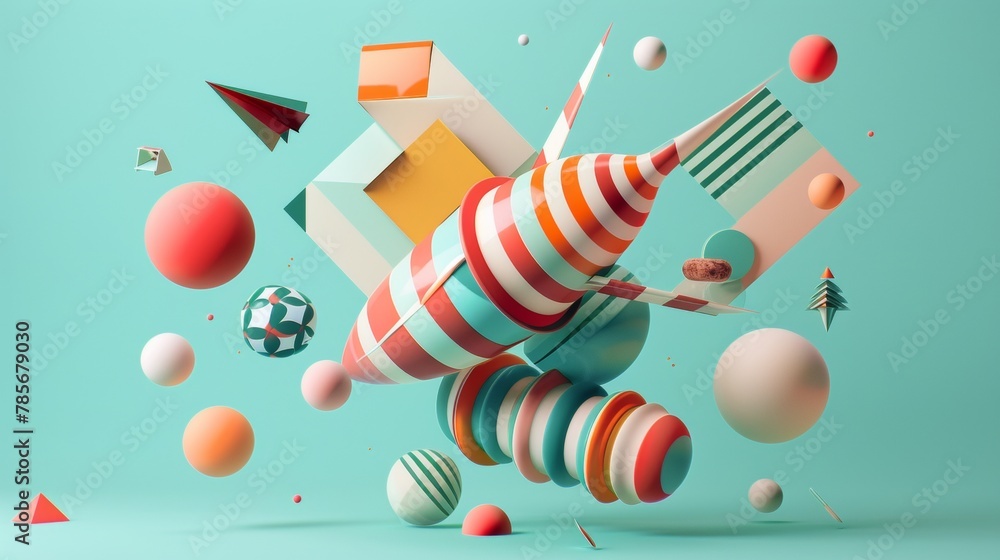 Aufkleber playful and vibrant flying objects rendered in a unique 3d style ai generated illustration