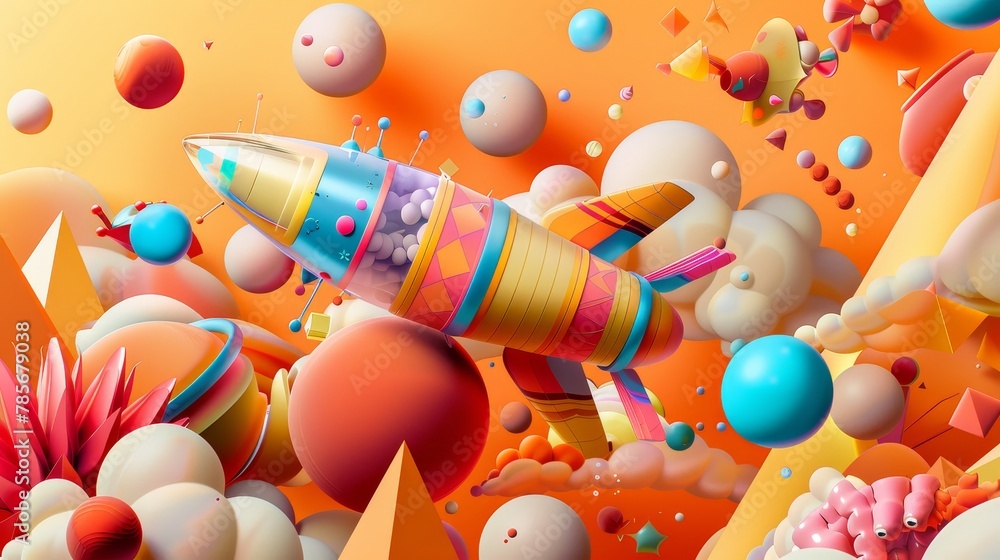 Poster playful and vibrant flying objects rendered in a unique 3d style ai generated illustration