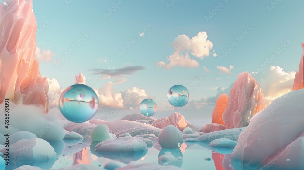 Poster playful floating objects in a surreal 3d landscape ai generated illustration