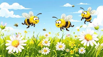 Fototapeta na wymiar Playful bees on flying flowers AI generated illustration