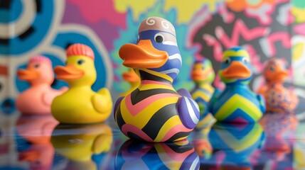 Fototapeta na wymiar Playful rubber duck in funky patterns AI generated illustration