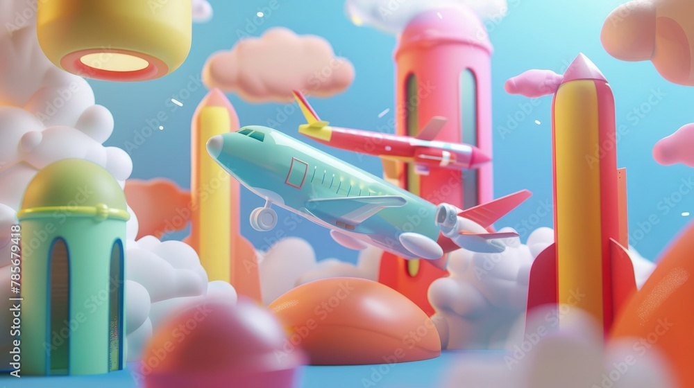 Poster quirky and playful 3d renderings of flying objects in a startup scene ai generated illustration