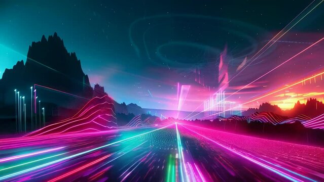 A surreal landscape with radiant neon lights guiding towards a mystic moon above an alien terrain, crafting a dreamlike vista that beckons exploration. Gaming virtual tunnel