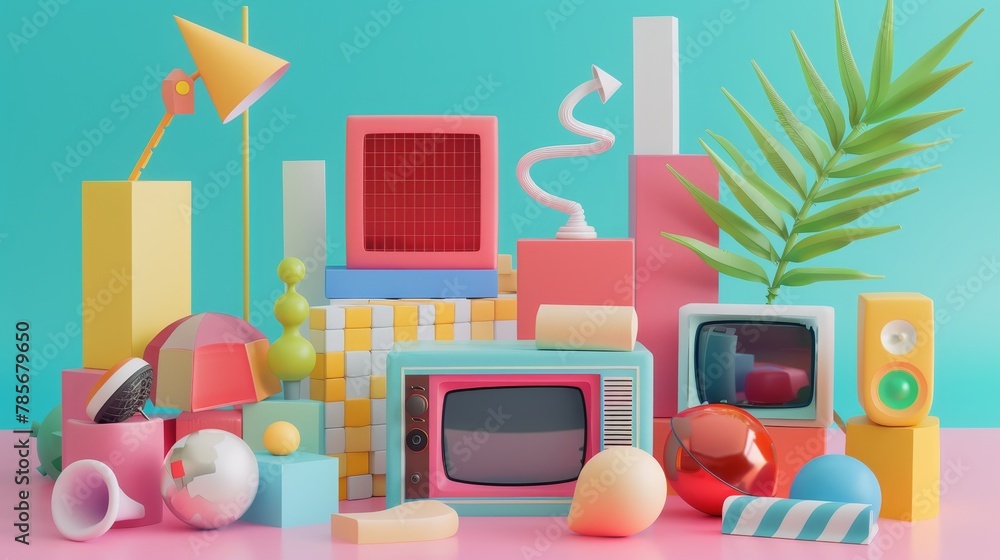 Poster retro-inspired 3d render of isolated elements in a colorful palette ai generated illustration