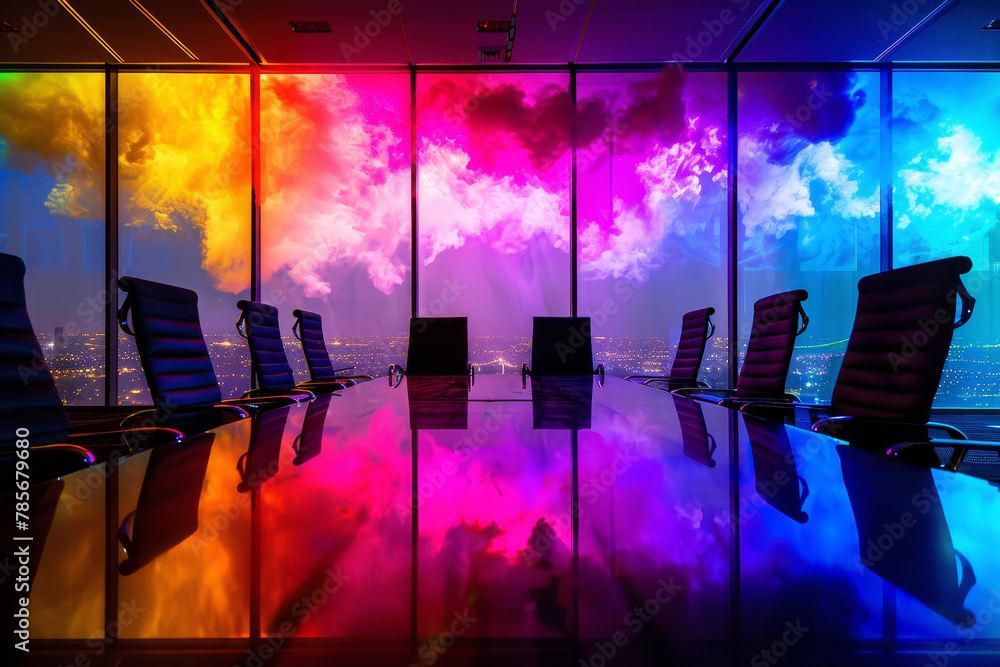 Poster a colorful room with a large window and a table with chairs