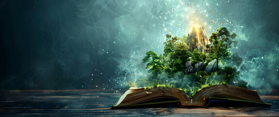 Dark banner of open book with a fantasy world popping out, celebrating World Book Day