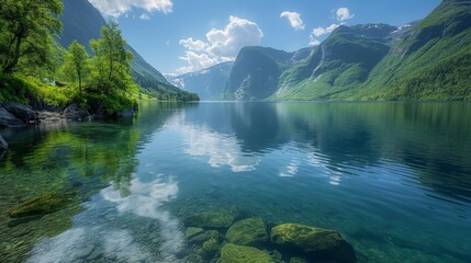 Clear river, lake surrounded by green mountains and forest, clear blue sky reflecting in water. - Powered by Adobe