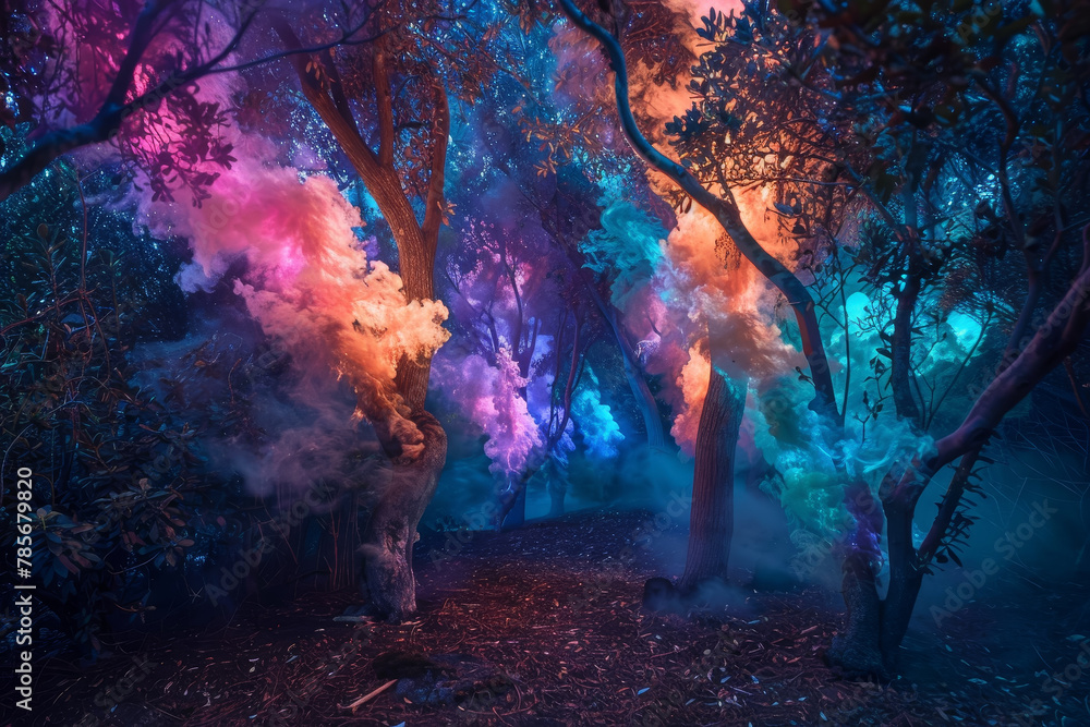 Poster a forest with trees that are lit up with smoke and fire. scene is mysterious and surreal