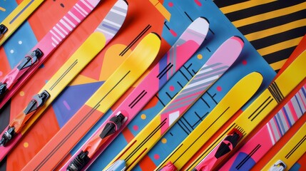 Skis and poles arranged in a vibrant Memphis-style pattern   AI generated illustration