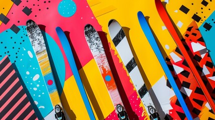 Skis and poles arranged in a vibrant Memphis-style pattern  AI generated illustration