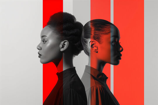 Contrast and Harmony in Dual Profile Portraits with Red Accent. Generative AI image